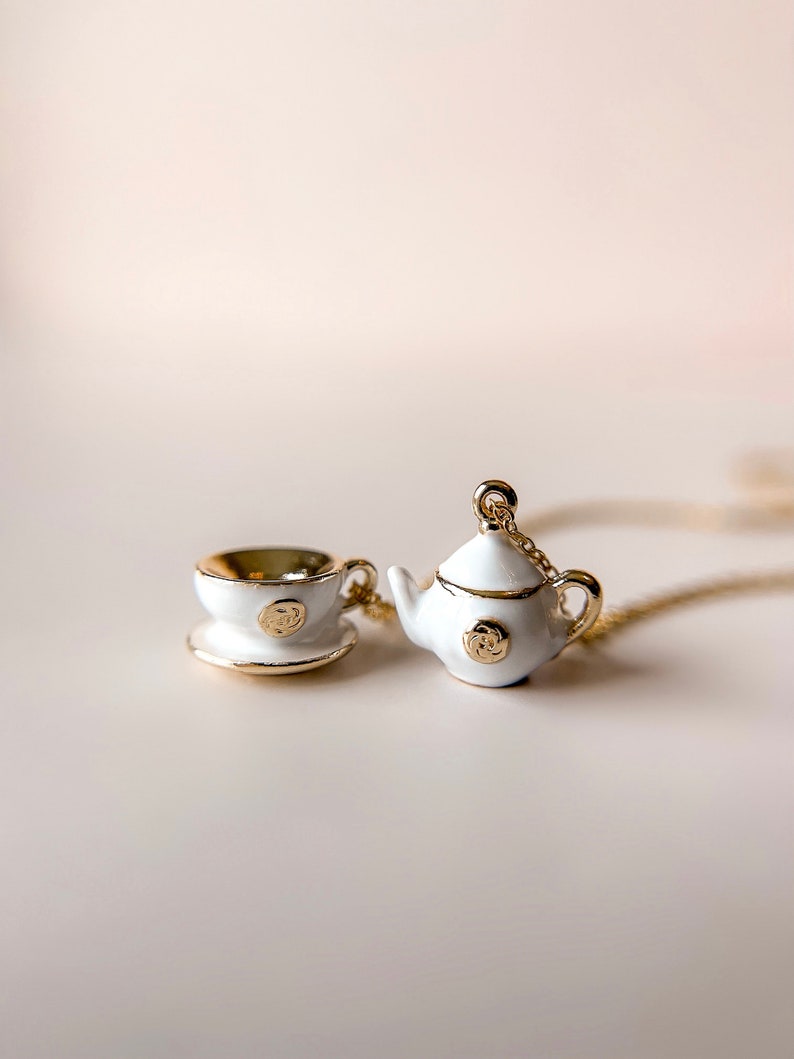 Your My Cup of Tea Necklace//18k Gold Filled//Mini Teapot//Mini Teacup//Teatime//Vintage Inspired// Boho//Mandy Ellen//Minimalist White Teapot
