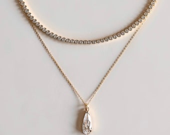 Teardrop Crystal Layering Necklace Set//18 Karat Gold Filled//Genuine Swarovski Crystal Gemstones//Adjustable/Modern Boho/Tennis Necklace