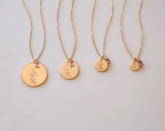 Collier cercle de fleurs de naissance avec pierres de naissance en cristal//or plaqué or 18 carats//estampé à la main//cadeau personnalisé//fleur du mois de naissance