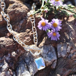 May include: Gold-toned chain necklace with a rectangular, iridescent pendant. The necklace features a toggle clasp and is displayed on a textured, brown rock surface. Purple flowers with yellow centers are in the background.