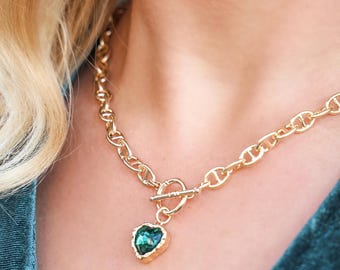 Heart of an Emerald Crystal Necklace//18k Gold Filled//Swarovski Crystal//Front Clasp//Statement//Modern Boho//Mandy Ellen//Emerald Crystal