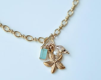 Collier Lac de Côme//Or 18 carats/Perles d'eau douce de Méditerranée/Verre de mer italien//Été italien/Étoile de mer/Perle d'eau douce/Fermoir à bascule