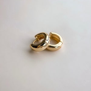 May include: A pair of gold hoop earrings. The hoops are thick and have a slightly textured surface.