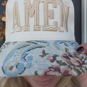 Wearable Faith Custom Embroidered Hat | Personalized Christian Hat | Brocade Floral Bill | Custom Word Trucker Hat