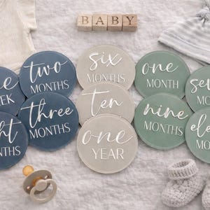 May include: A collection of circular milestone markers in shades of blue, green, and beige, featuring white script text for time increments from one week to one year. The set includes a beige onesie, a striped hat, a pacifier, and knit booties.