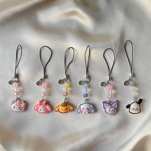 cartoon/anime style sanrio phone charm (hello kitty, my melody, pompom purin, pochacco, cinnamoroll, kuromi) keychain, phone accessory