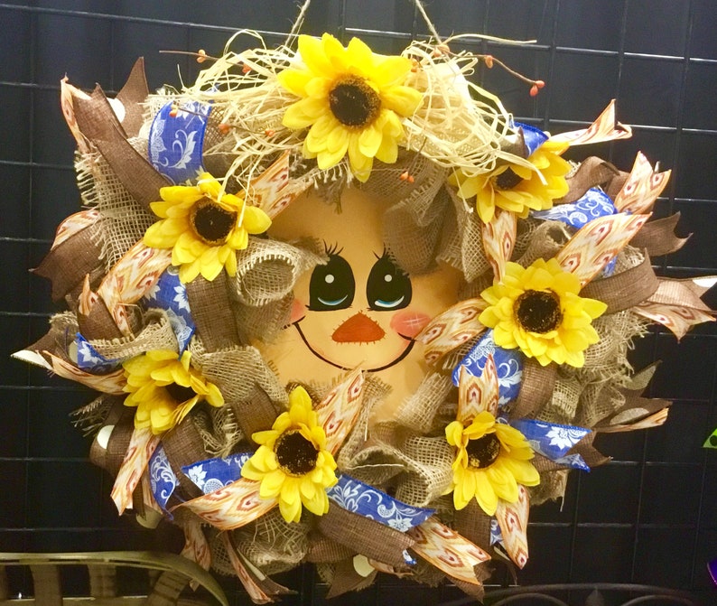 fall wreath round wreath, Scarecrow wreath yellow and blue wreath burlap wreath