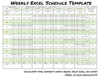 May include: A green and white weekly schedule template for a sewing station. The template includes a budget, hours used, and a daily sales goal. The template is divided into days of the week, with columns for each day and rows for each employee. Each cell contains the employee's name, the time they worked, and their total hours worked for the day. The template also includes a section for weekly totals, including the total sales goal and the associate's goals.