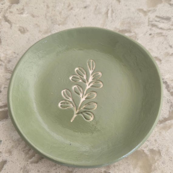 Handmade air dry clay sage green ring dish, stamped design