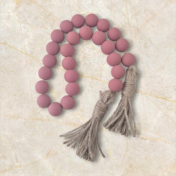 Dark mauve wood bead garland with jute tassels, boho home decor, jewelry for the home, rustic bead garland, farmhouse beads