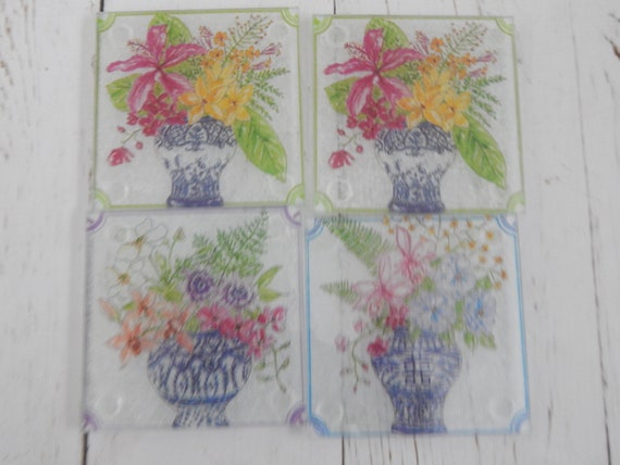 Square glass ginger jar print coasters, decoupage decor, table accessories, chinoiserie