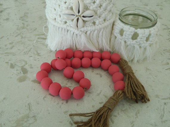 Raspberry pink wood bead garland with jute tassels, boho home decor, jewelry for the home