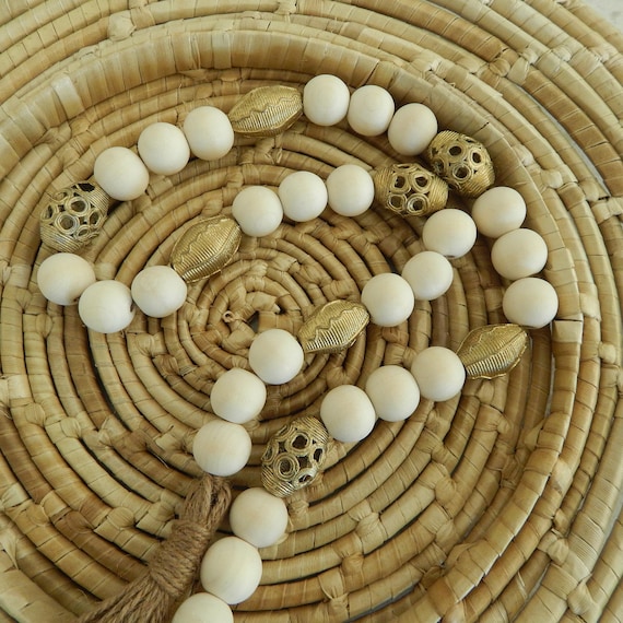READY TO SHIP Natural wood bead garland with african brass beads, modern boho home decor, handmade gift