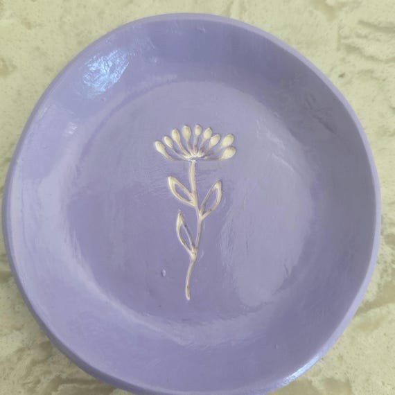 Handmade air dry clay lavender ring dish, dandelion stamp design
