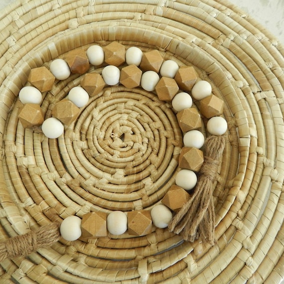 READY TO SHIP Wood bead garland with jute tassels, boho home decor, rustic bead garland, hexagon wood beads
