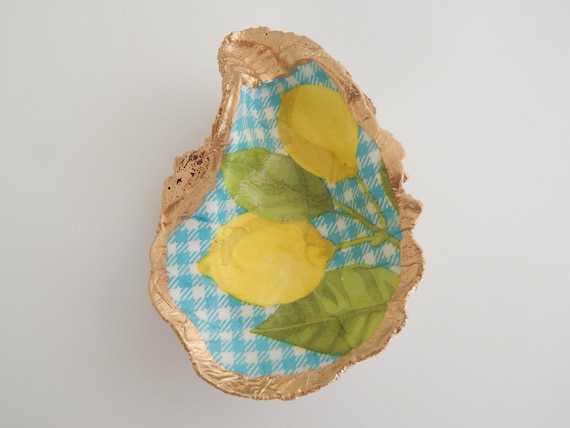 READY TO SHIP Decorative oyster shell ring dish, decoupage shell decor, lemon design