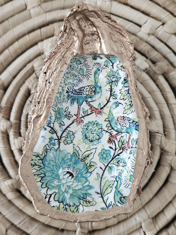 READY TO SHIP Decorative oyster shell ring dish with water color print, socalhomeco decor