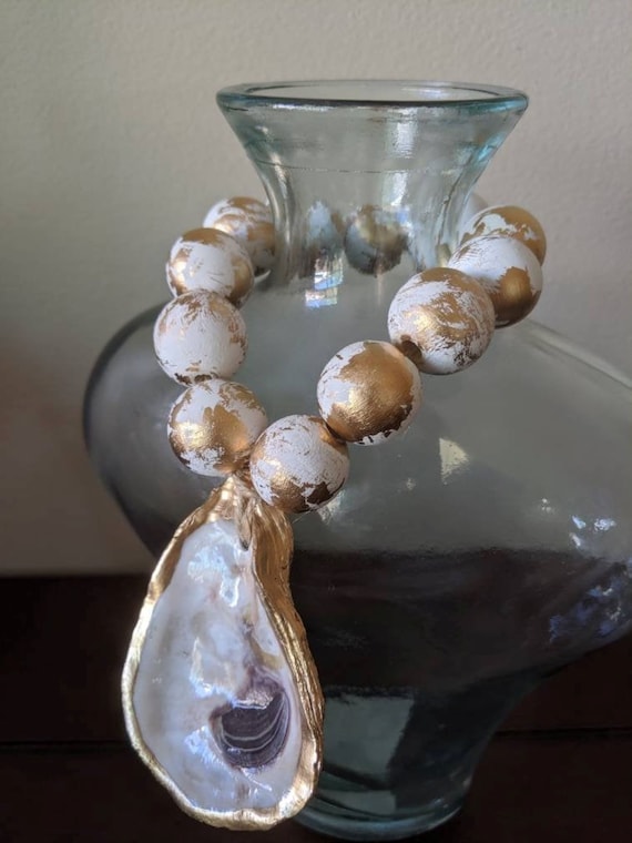 Gold oyster shell with wood beads, shell decor, welcome beads, coastal decor, wood loop garland, white and gold