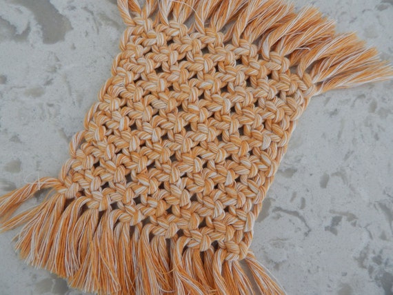 Macrame two tone cotton coaster, boho accessory, handmade gift, mug rug, orange and white