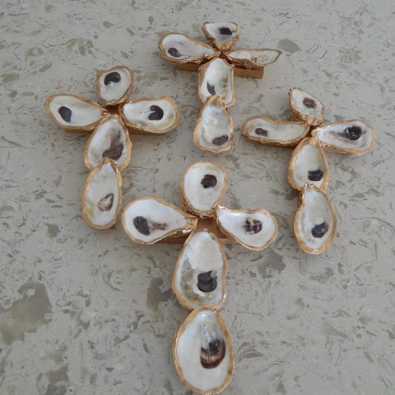 Oyster shell cross, gold leafed oyster shells, wall decor, easter decor, beach house decor, gold wood cross