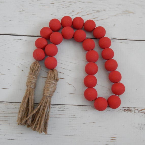Farmhouse red wood bead garland with jute tassels, boho home decor, jewelry for the home, rustic bead garland, farmhouse beads