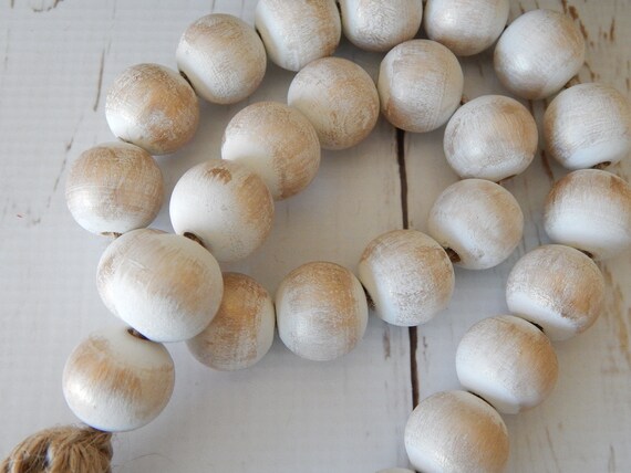 White and bronze wood bead garland, jute tassels, beach home decor, rustic bead garland, farmhouse beads