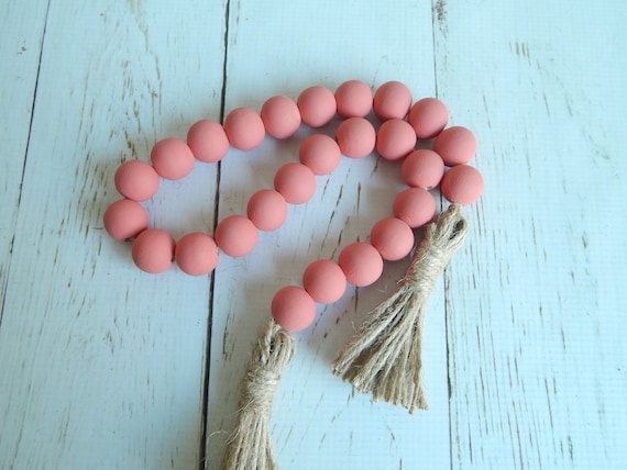 Coral wood bead garland with jute tassels, boho home decor, jewelry for the home, rustic bead garland, farmhouse beads