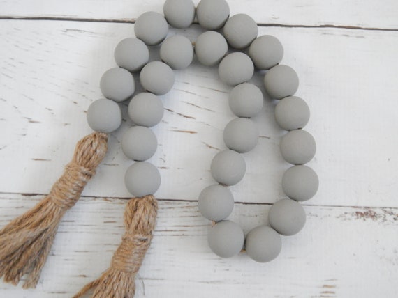 Medium gray wood bead garland with jute tassels, boho home decor, jewelry for the home, rustic bead garland, farmhouse beads