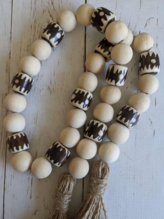 READY TO SHIP Jumbo natural wood bead garland with bone beads, boho home decor, rustic bead garland