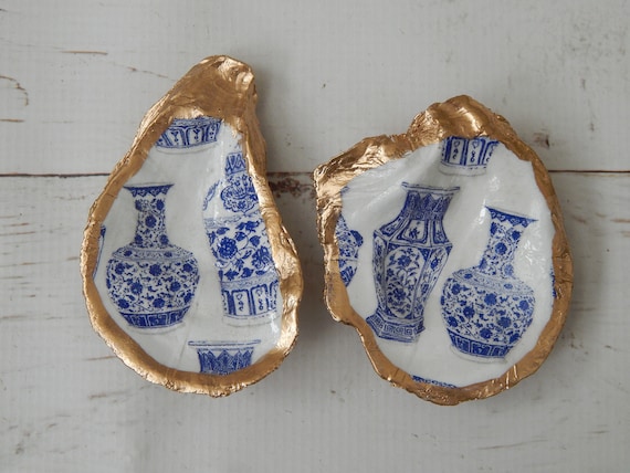 READY TO SHIP Decorative oyster shell ring dish, chinoiserie ginger jar, decoupage shell decor
