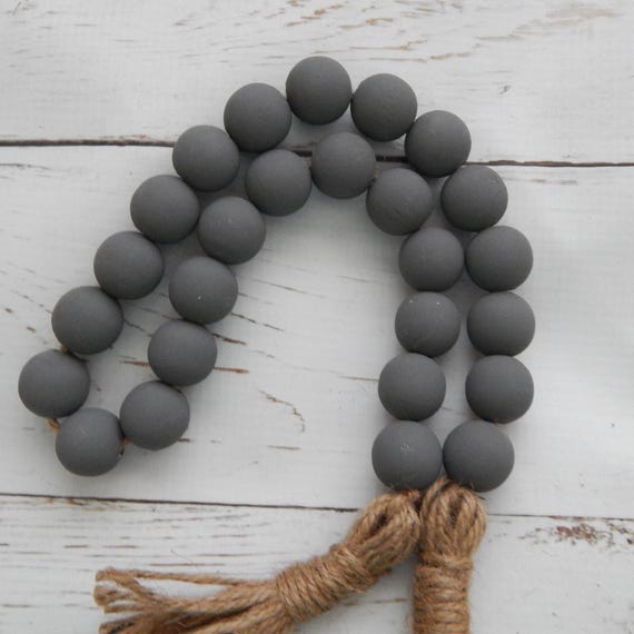 Dark Gray Wood Bead Garland, Jute Tassels, Boho Home Decor