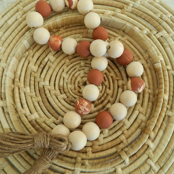 READY TO SHIP Jumbo wood bead garland with jute tassels and teraacotta polymer clay beads, boho home decor, rustic bead garland
