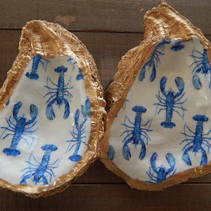READY TO SHIP Decorative oyster shell ring dish, decoupage shell decor, lobster design