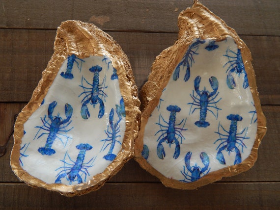 READY TO SHIP Decorative oyster shell ring dish, decoupage shell decor, lobster design
