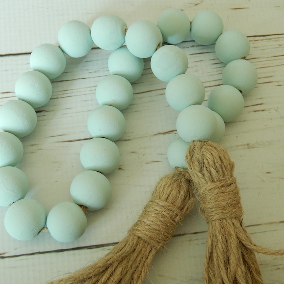 Blue wood bead garland with jute tassels, boho home decor, jewelry for the home, rustic bead garland, farmhouse beads