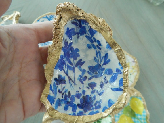 READY TO SHIP Decorative oyster shell ring dish, decoupage shell decor, chinoiserie shell