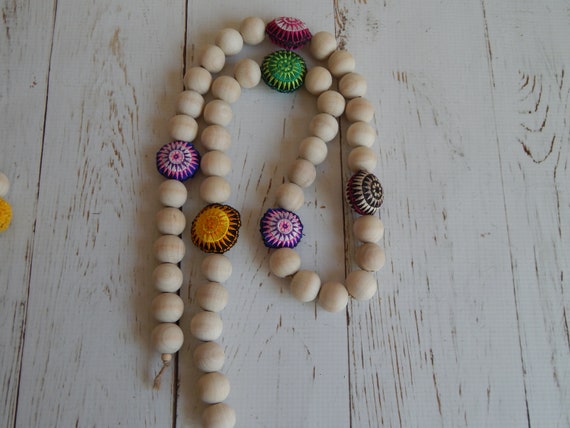 Natural wood bead garland with huipil beads, boho wood bead garland, colorful home decor