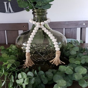 White wood bead garland with jute tassels, boho home decor, jewelry for the home, rustic bead garland, farmhouse beads