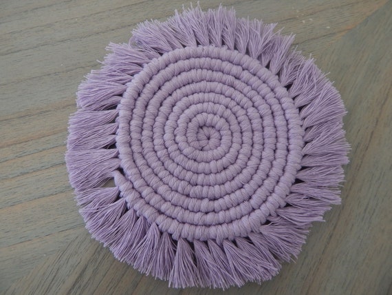 Lavender macrame coaster, boho decor, handmade gift, round cotton coaster