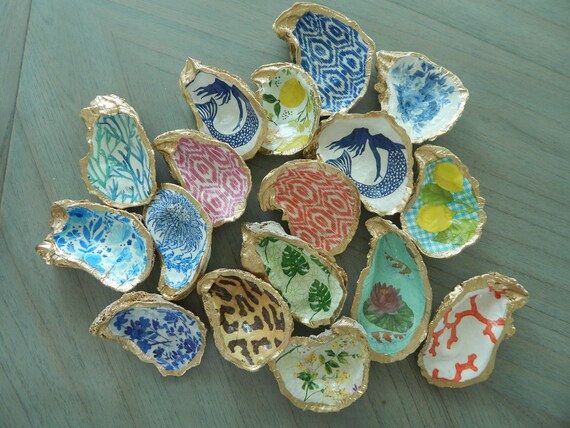 READY TO SHIP Decorative oyster shell ring dish, decoupage shell decor, chinoiserie ginger jars