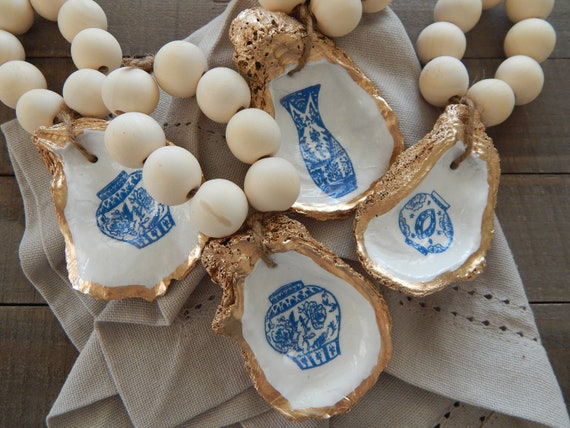 READY TO SHIP Oyster shell napkin rings, natural wood, coastal chic table decor, chinoiserie decor