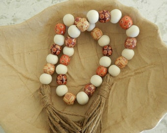 READY TO SHIP Wood bead garland with jute tassels and printed boho beads, boho home decor