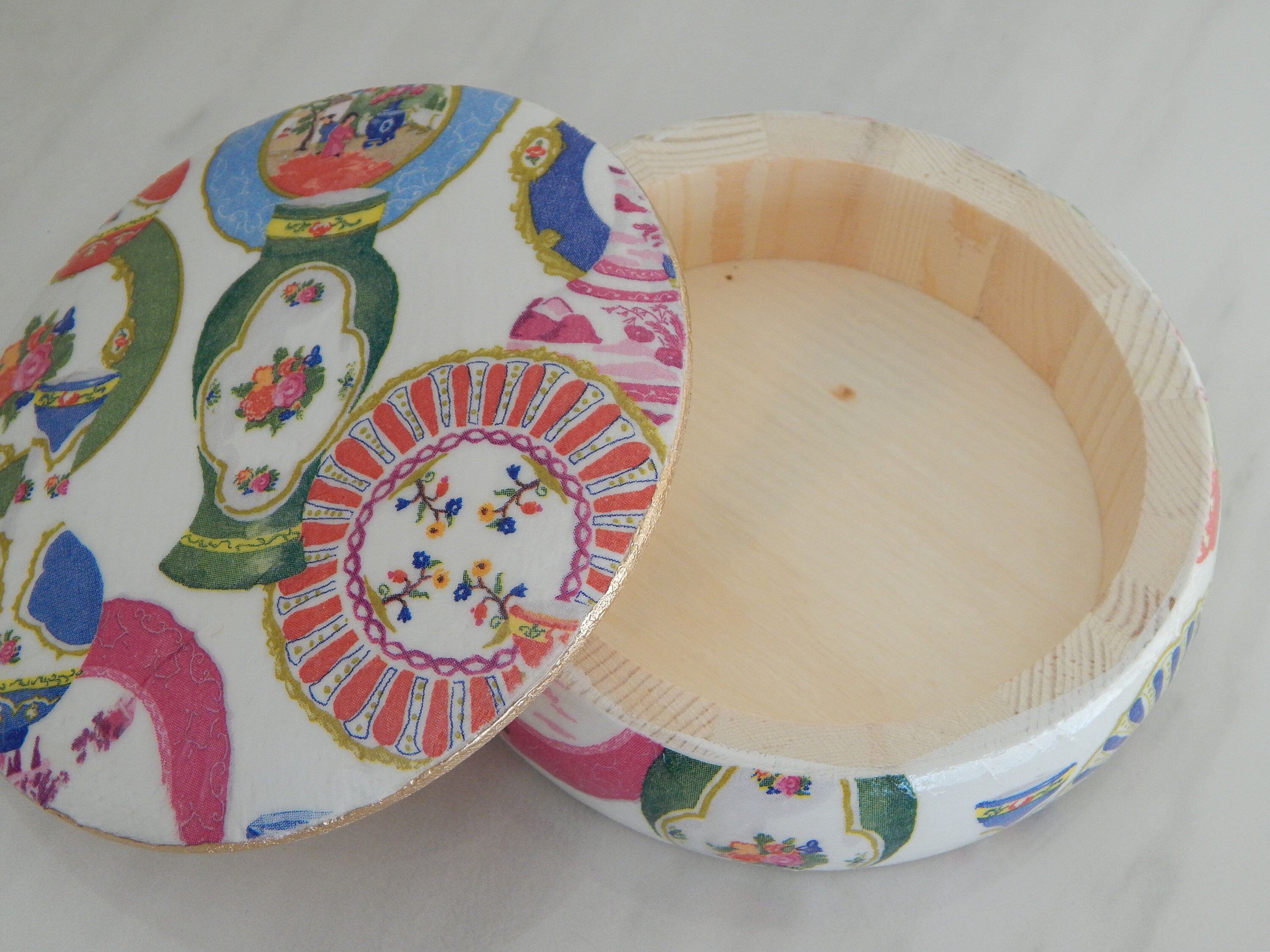 Ginger jar print round wooden jewelry box, decoupage box, multi color