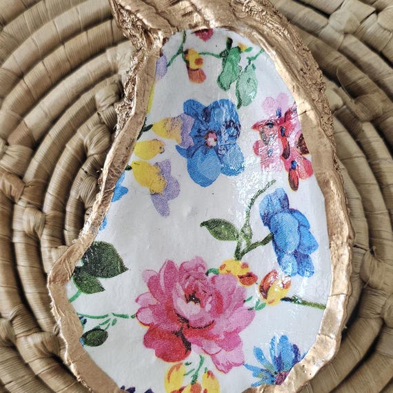 READY TO SHIP Decorative oyster shell, trinket shell dish, floral design