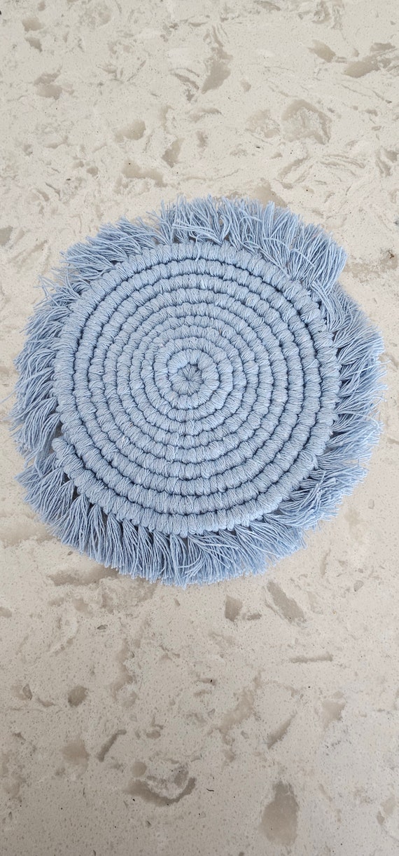Round blue macrame coaster, boho decor, handmade gift, mug rug, cotton coaster