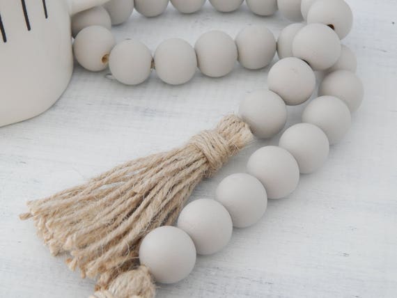 Light gray wood bead garland with jute tassels, boho home decor, jewelry for the home, rustic bead garland, farmhouse beads