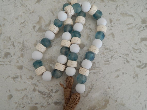 Wood bead garland with recycled seaglass, boho decor, jute tassels, beach boho, jewelry for your home, beach house