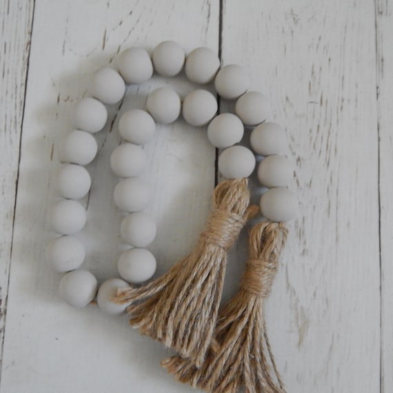 Greige wood bead garland with jute tassels, boho home decor, jewelry for the home, rustic bead garland, farmhouse beads