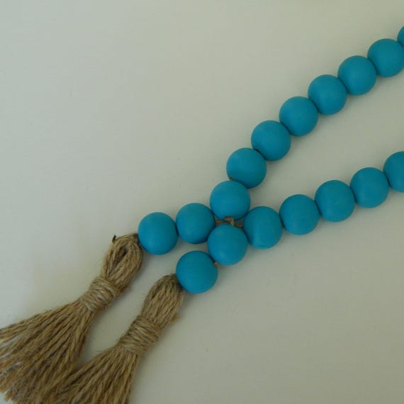 Peacock blue wood bead garland, jute tassels, boho home decor, farmhouse beads