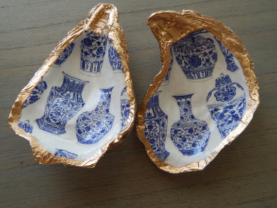 READY TO SHIP Decorative oyster shell ring dish, decoupage shell decor, chinoiserie ginger jars